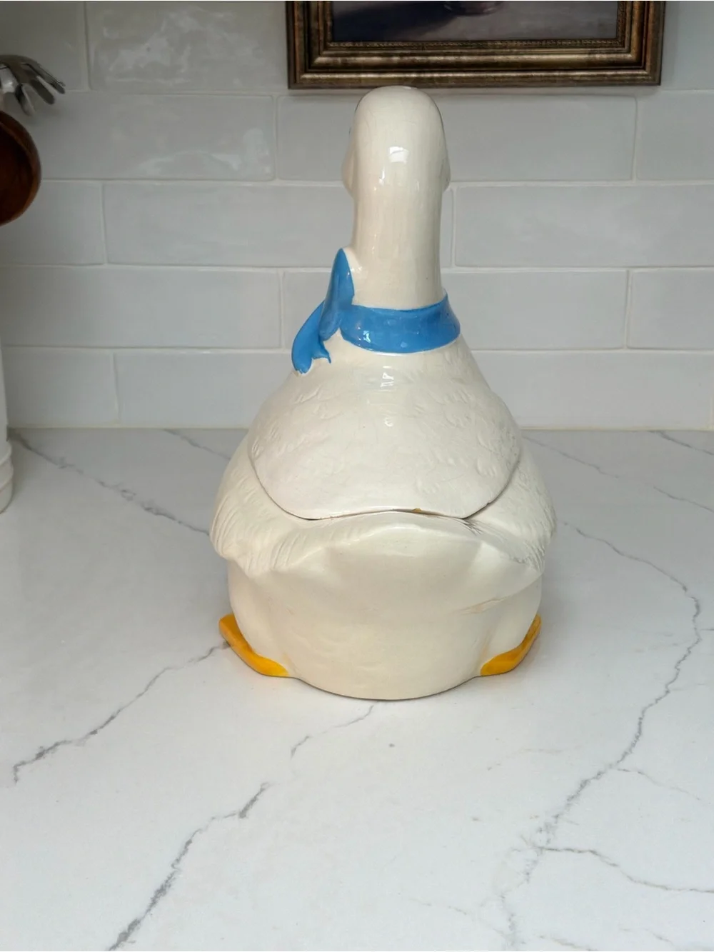 Ceramic Duck Cookie Jar in White with Blue Bow